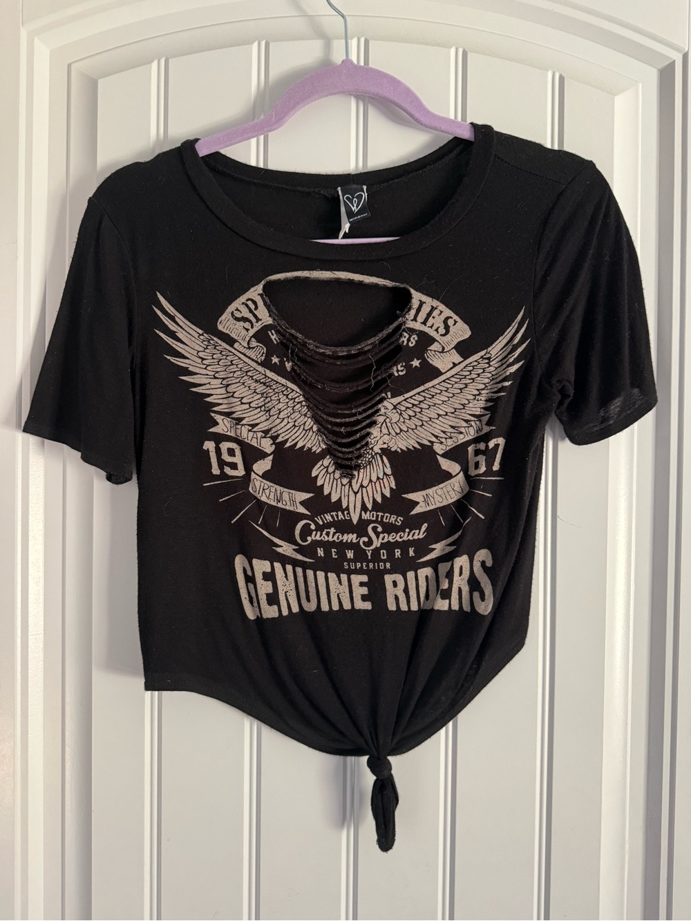 Windsor Black Graphic 'Genuine Riders' Crop Top with Front Slit Detail